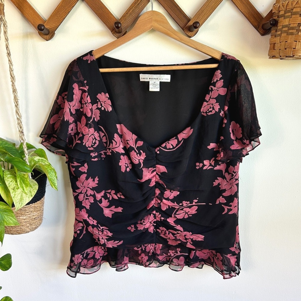 Vintage David Warren 100% Silk Floral Blouse Black Pink Ruched Ruffle Top